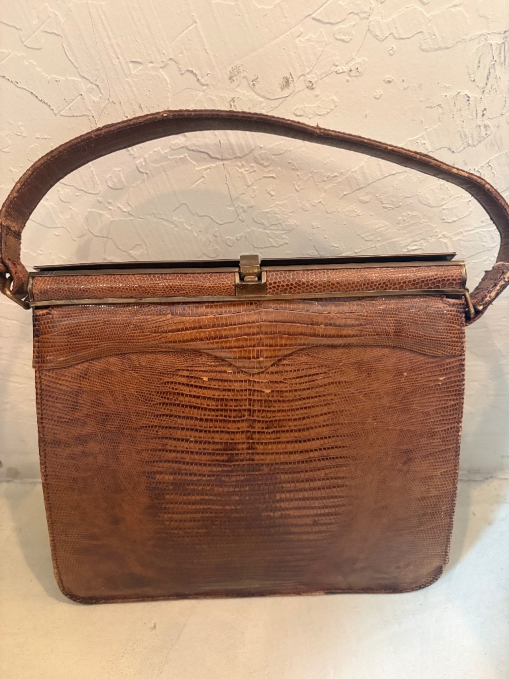 Vintage 1950s Palizzio New York Brown Lizard Skin Top Handle Handbag Kelly Purse